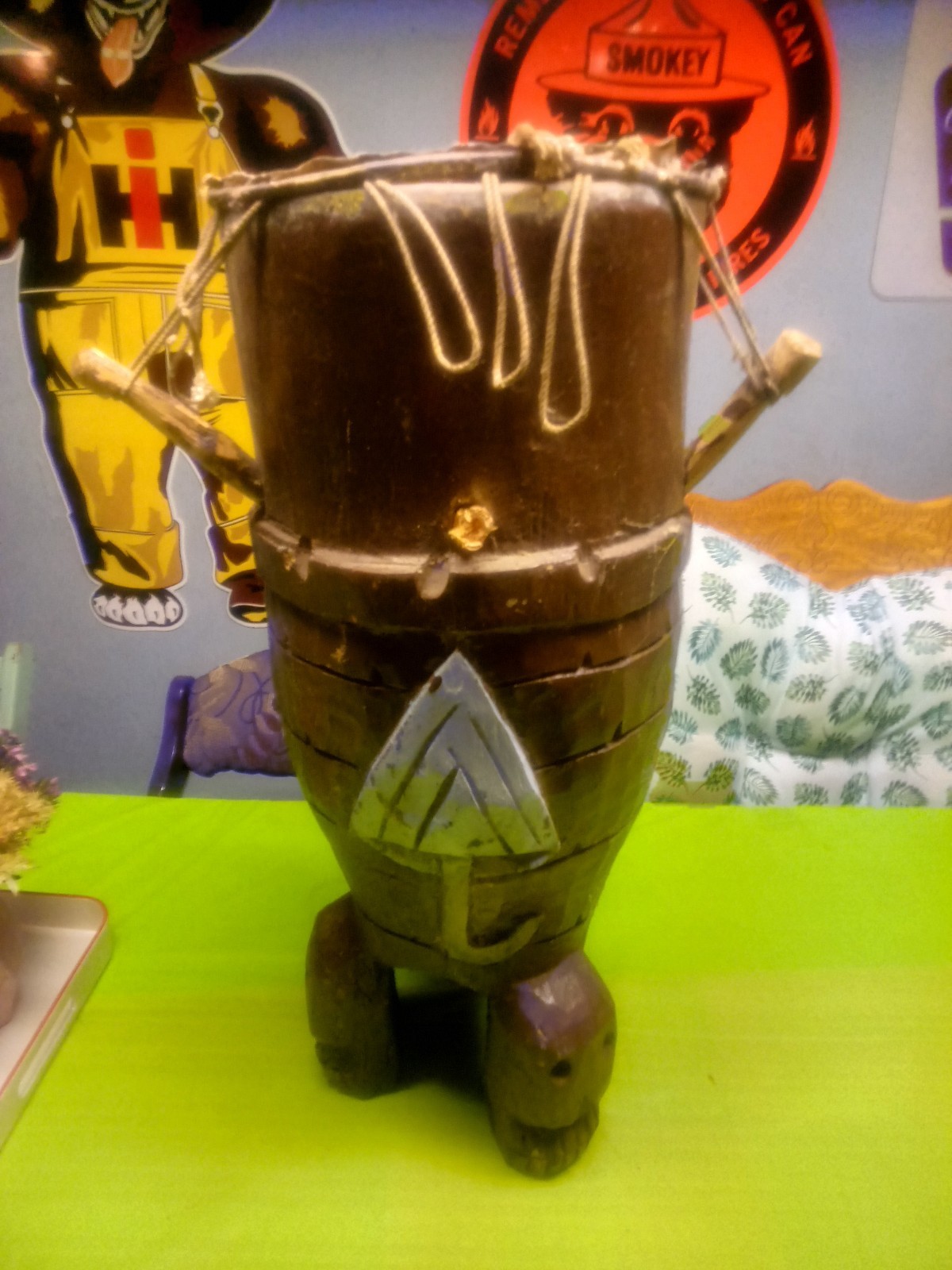 Hand Carved Kpanlogo Drum 24” African Folk Art Peg Drum Ghanaian Style Symbols