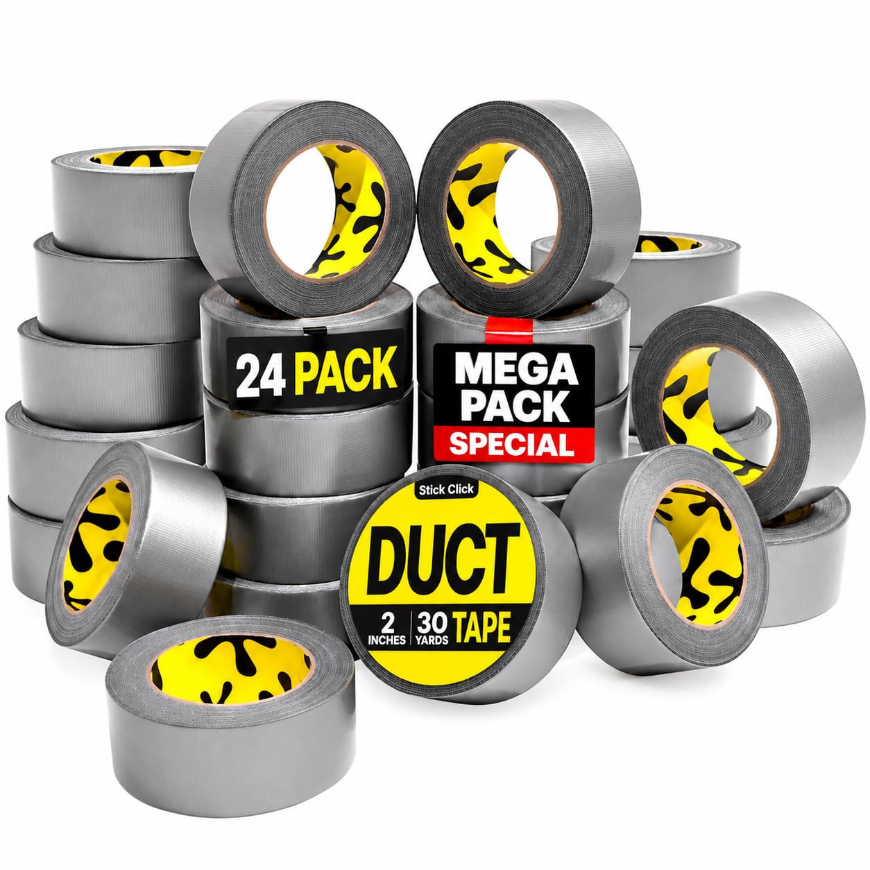 24 Pack Duct Tape Heavy Duty Waterproof - 2 in X 90 Ft - All-Weather, Silver, Ea
