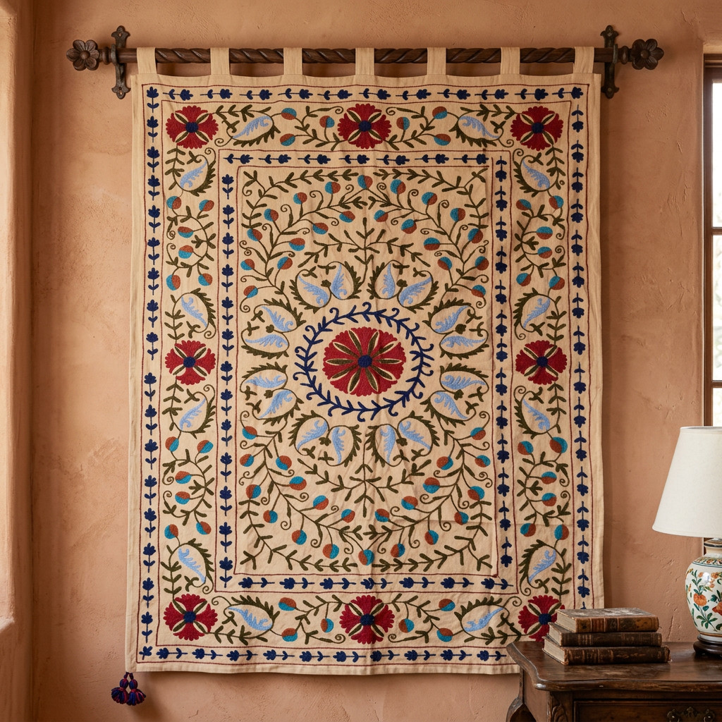 Suzani Embroidered Wall Tapestry Handmade Floral Textile Art Bohemian Decor