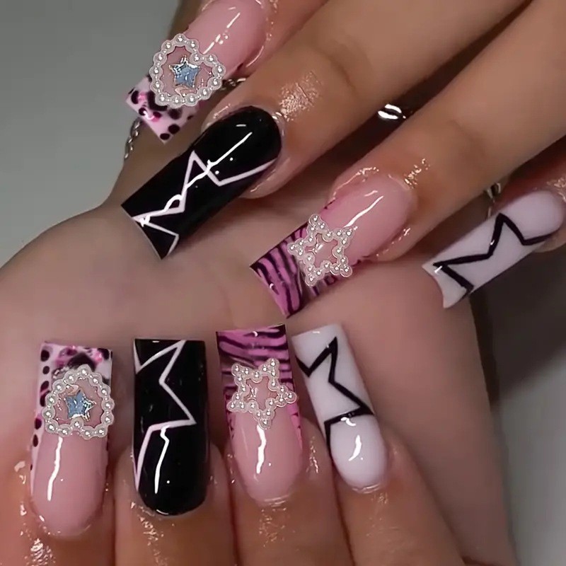 48P Long Coffin Press on Nails, Pink Leopard Star Rhinestone Y2K Fake Nails 48P Long Coffin Press on Nails, Pink Leopard Star Rhinestone Y2K Fake Nails