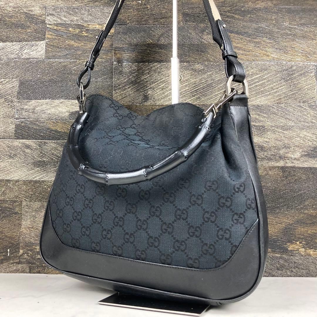 GUCCI Bamboo GG Canvas 2Way Shoulder Handbag Black Vintage Japan