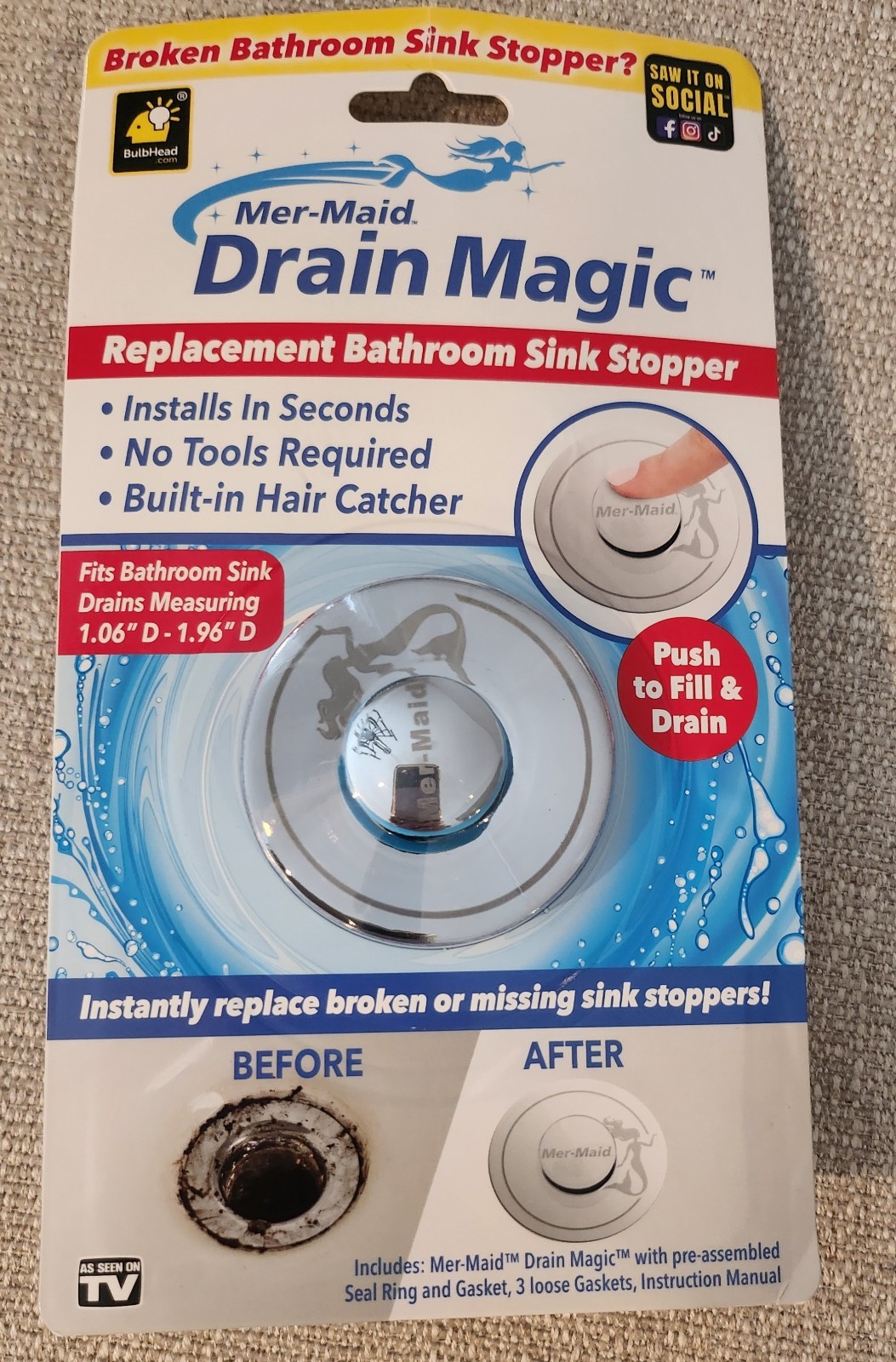 Mer-Maid Drain Magic Universal Sink Stopper, Instantly Replace Broken Stoppers