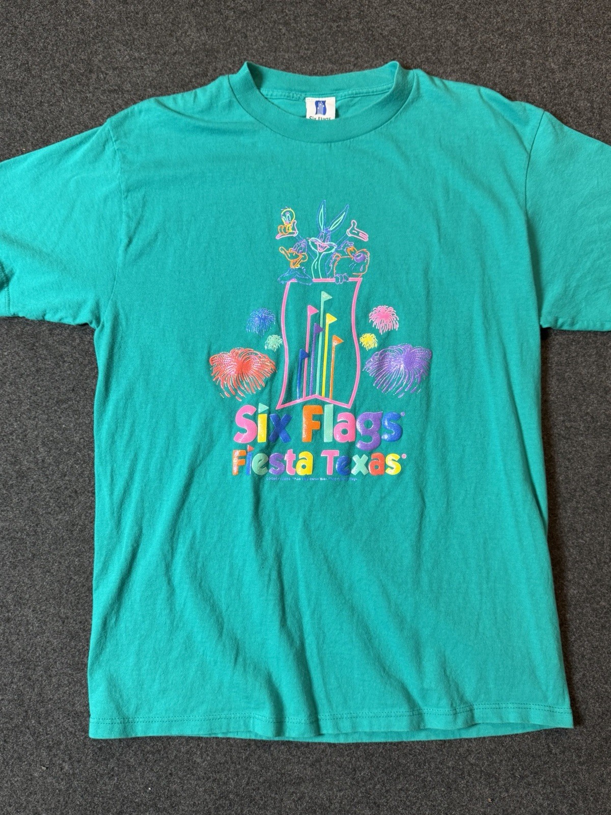 Vintage 1996 Six Flags Fiesta Texas T Shirt Mens M/L Teal Looney Tunes 90s