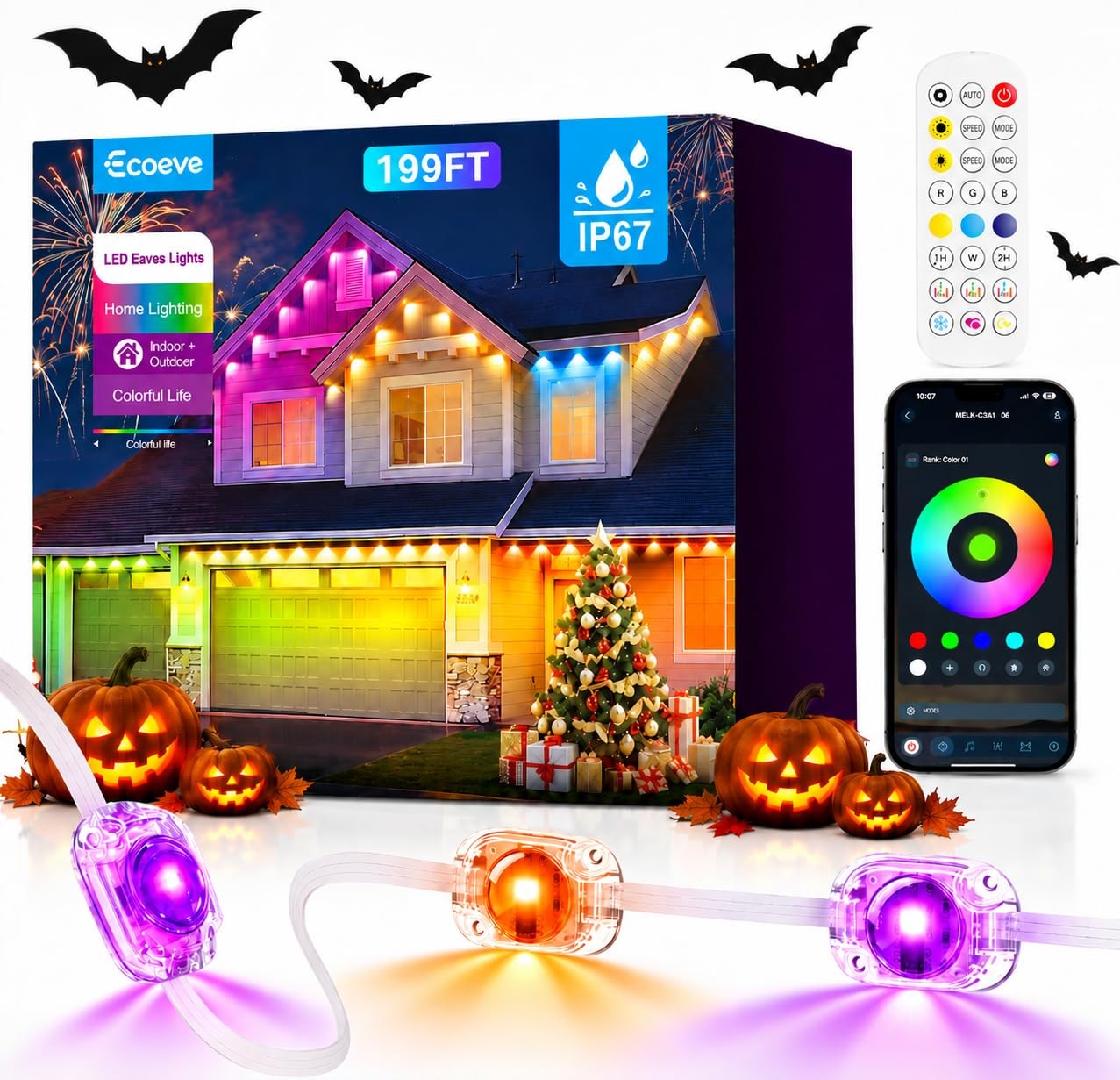 Ecoeve Permanent Outdoor Lights for House, 199ft Christmas RGB+IC Lights