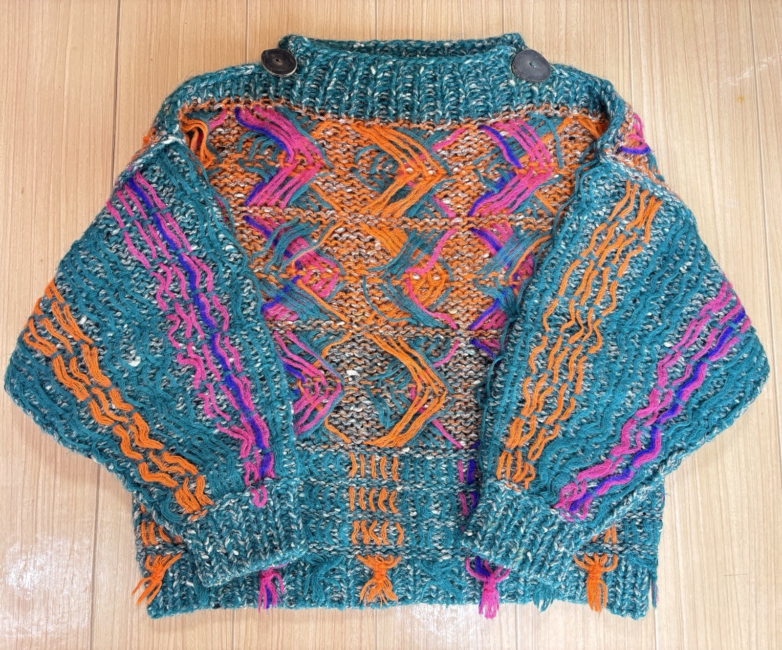 Vintage Kansai International Wool Art Knit Cardigan Fringe Made in Japan Rare