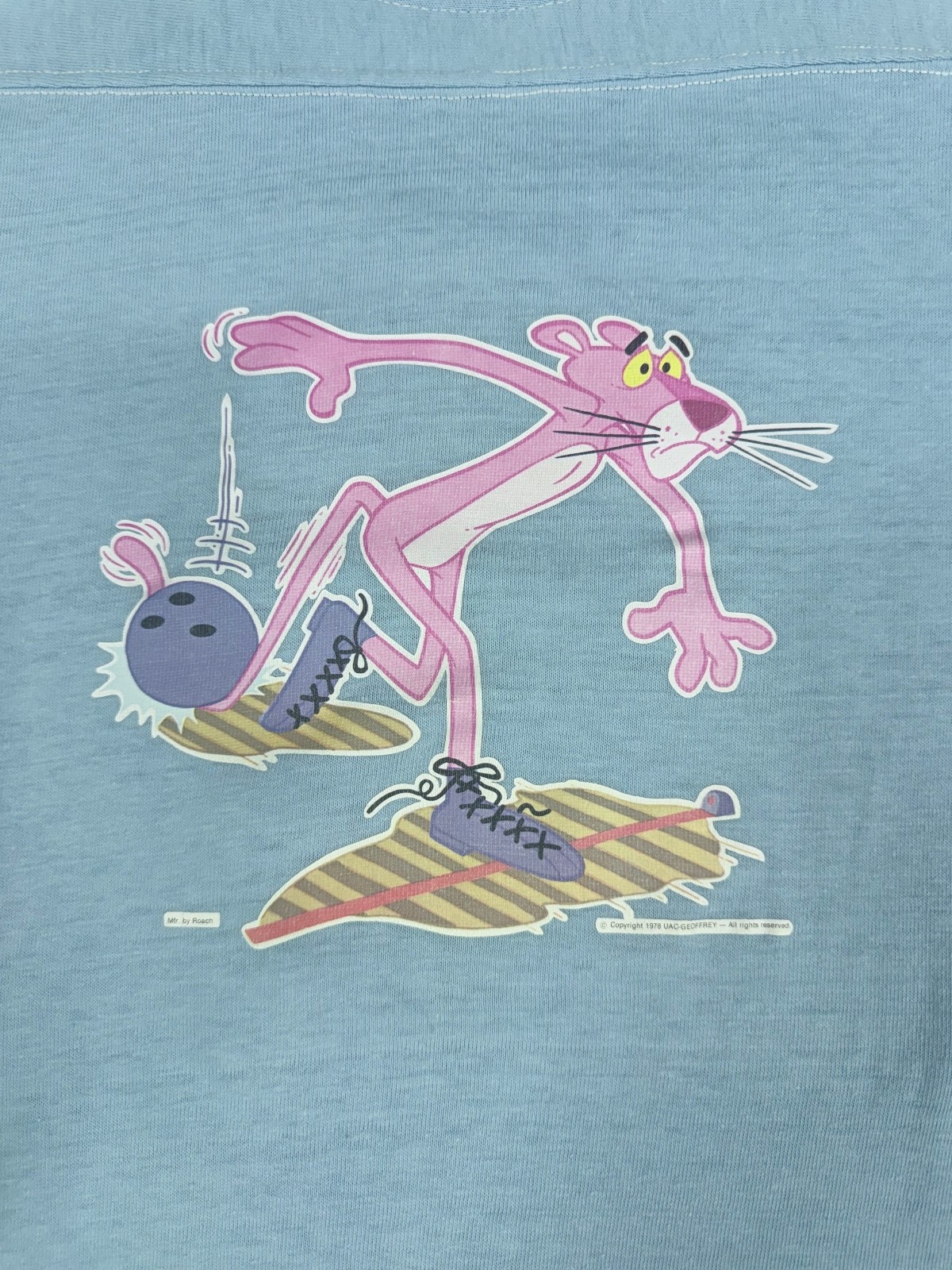 Vintage 1978 Pink Panther Bowling Graphic Light Blue T-Shirt by Roach Vintage 1978 Pink Panther Bowling Graphic Light Blue T-Shirt by Roach