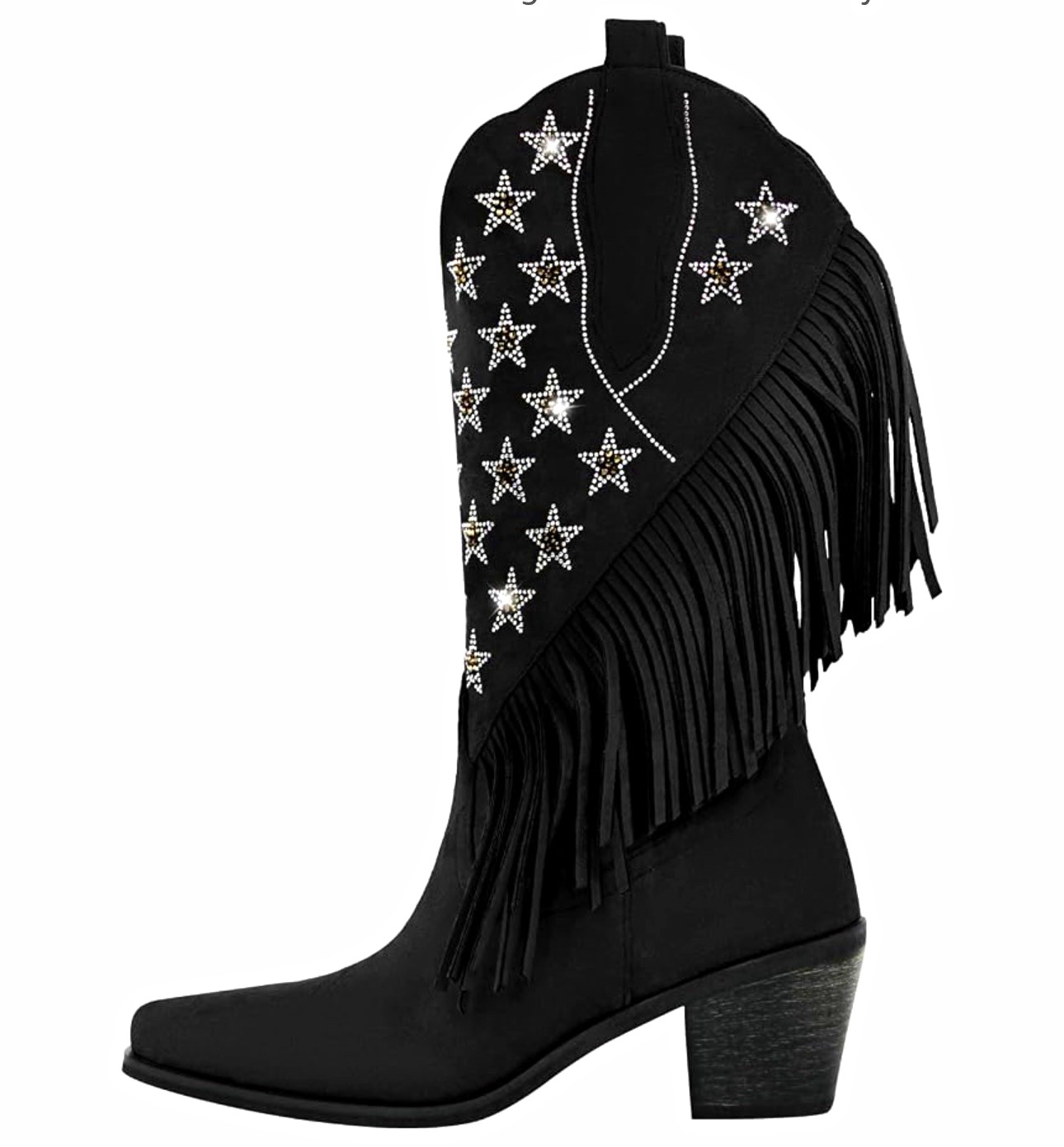 LISHAN Women\'s Black Mid-Calf Cowboy Boots Pull-On Fringe Rhinestones LISHAN Women\'s Black Mid-Calf Cowboy Boots Pull-On Fringe Rhinestones