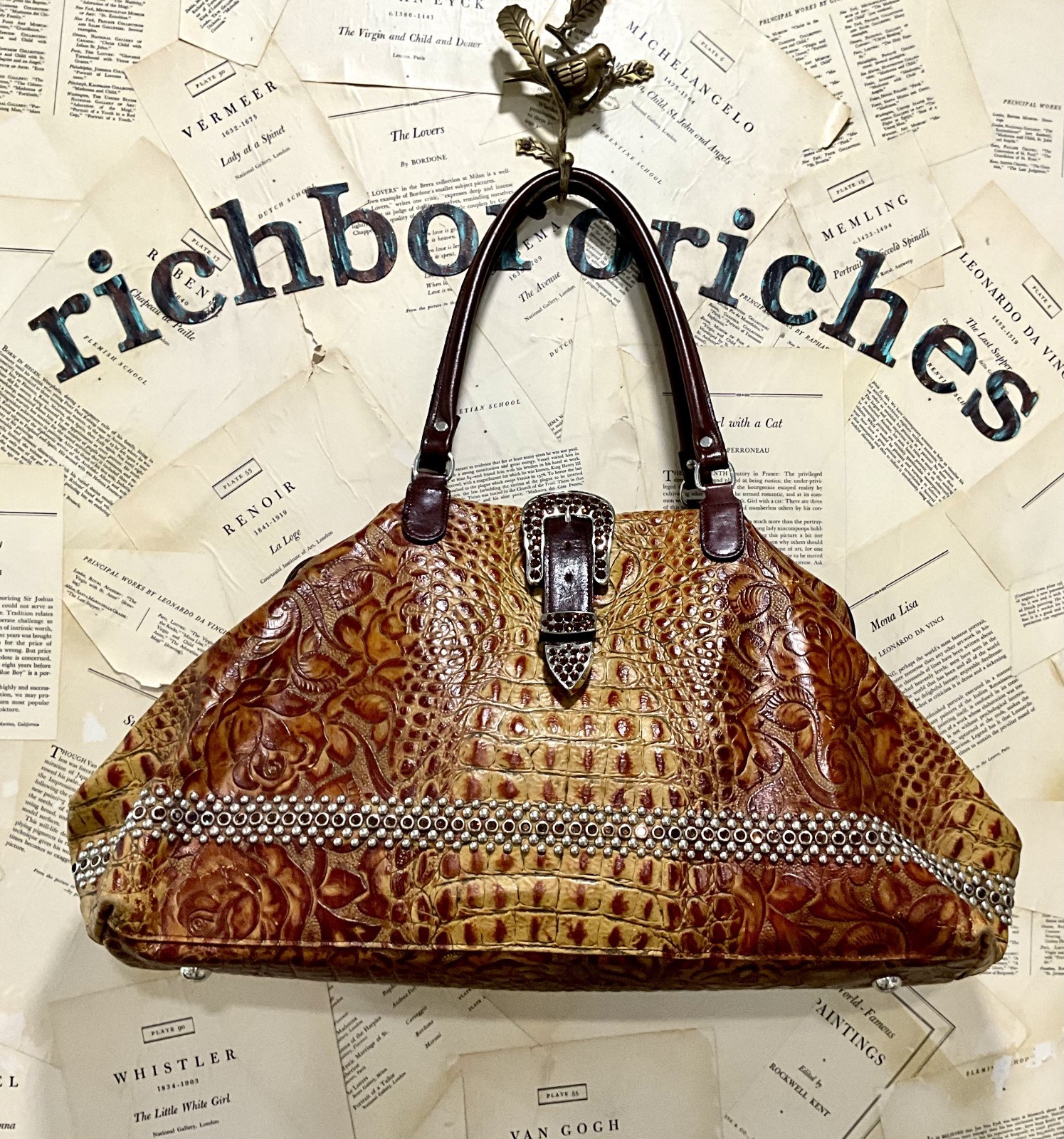 Vintage B.B Simon & Riviani Weekender Croc Embossed Leather Crystal Studs EUC Vintage B.B Simon & Riviani Weekender Croc Embossed Leather Crystal Studs EUC