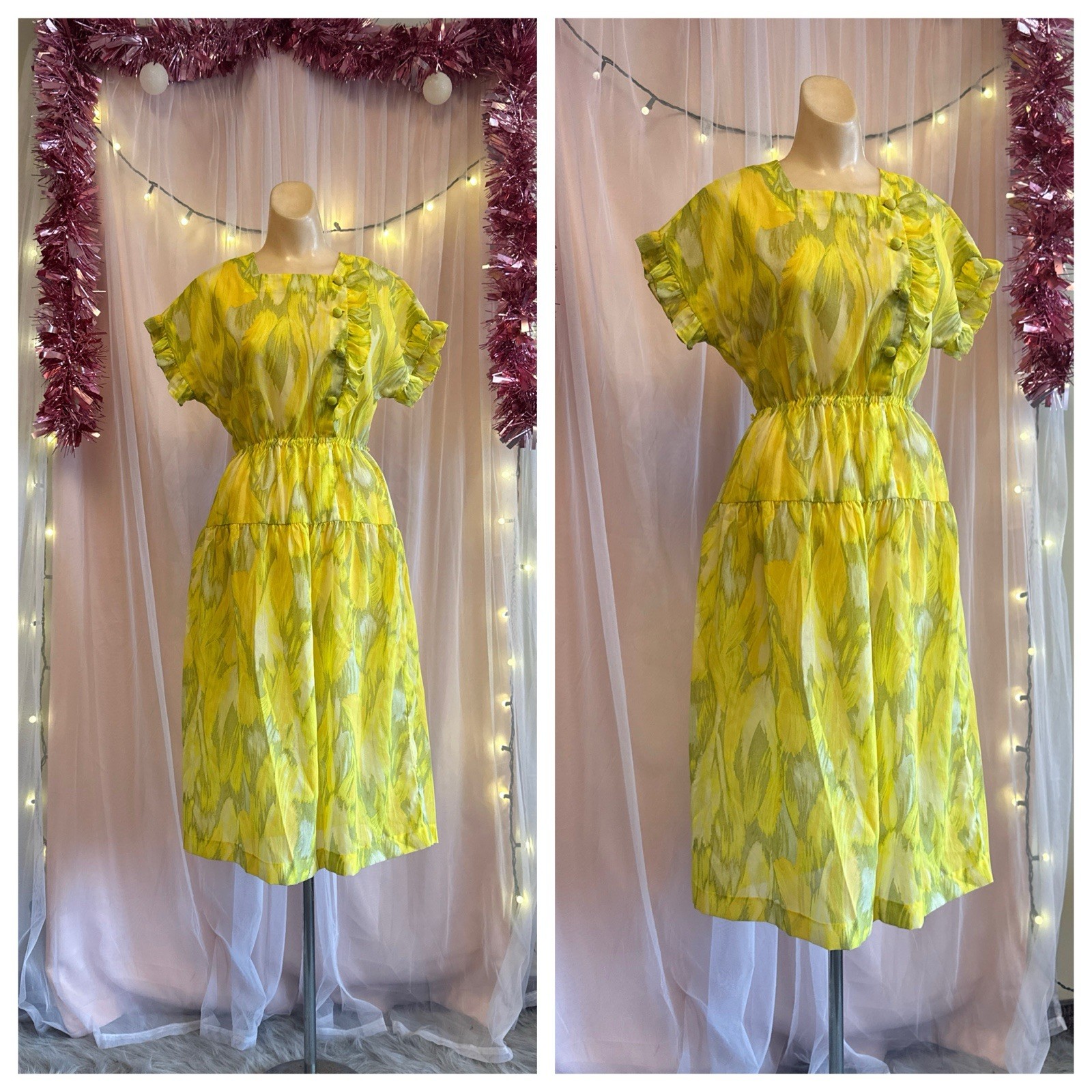 Vintage 70s Does 40s Sheer Midi Dress Yellow Green Ruffle Trim Preppy Sundress M