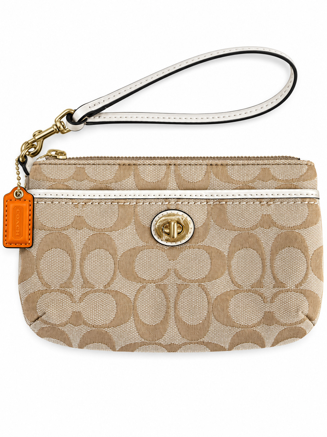 Coach Signature Turnlock Wristlet Khaki Cream Gold Hardware New Without Tags