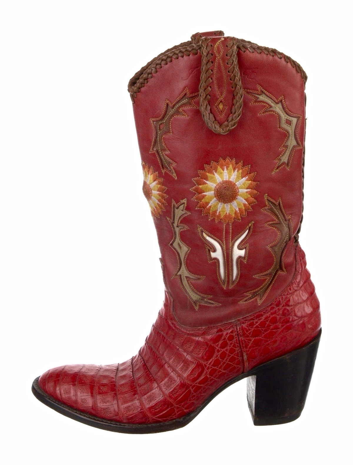 Frye Red Western Cowboy Boots US 9 Sunflower Embroidered Croc Embossed