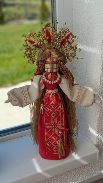 Handmade Ukrainian Motanka Rag Doll Red Home Blessing Mascot Dried Flowers 33cm Handmade Ukrainian Motanka Rag Doll Red Home Blessing Mascot Dried Flowers 33cm