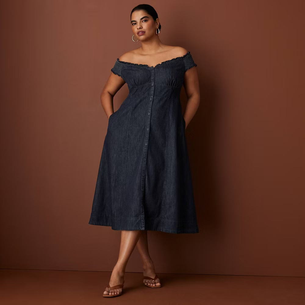 Women\'s Off the Shoulder Denim Button-Down Midi Dress - Rosie Assoulin Dark