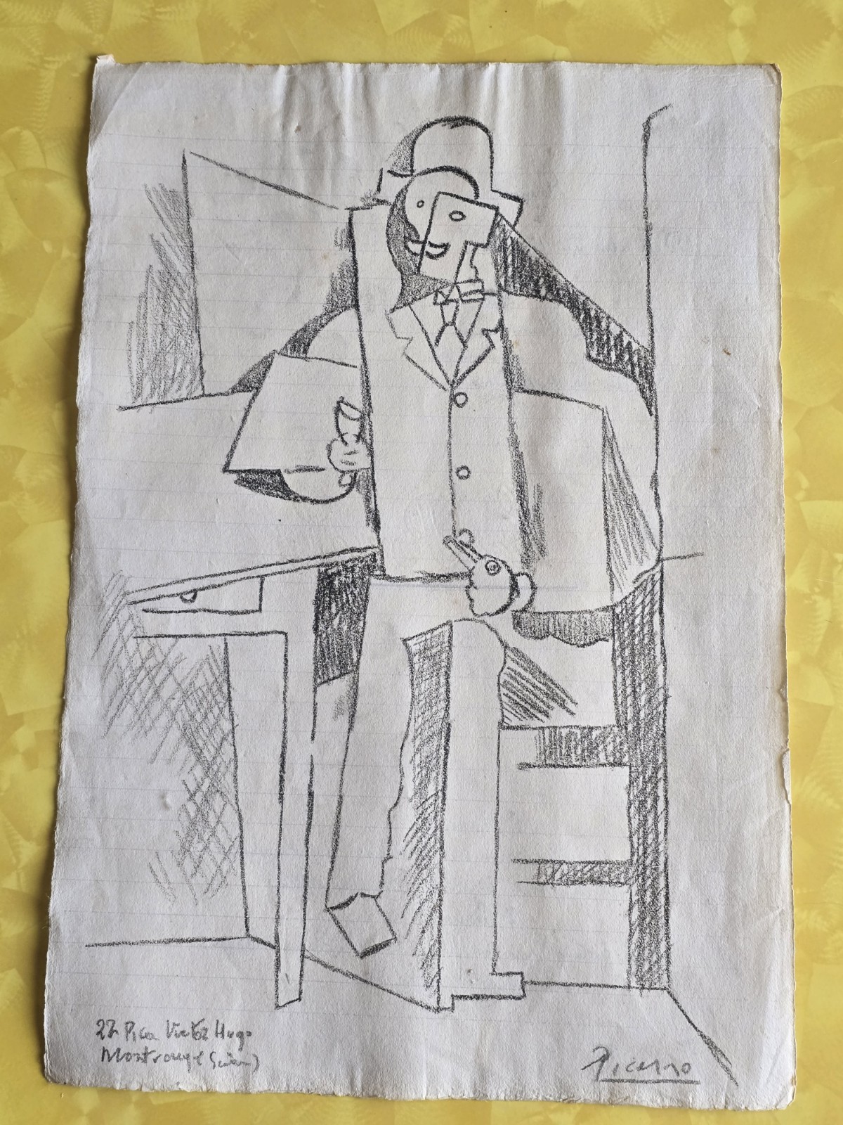 Vintage Cubism Graphite Sketch Style of Picasso on 1910 Sicilian Ledger  Paper 
