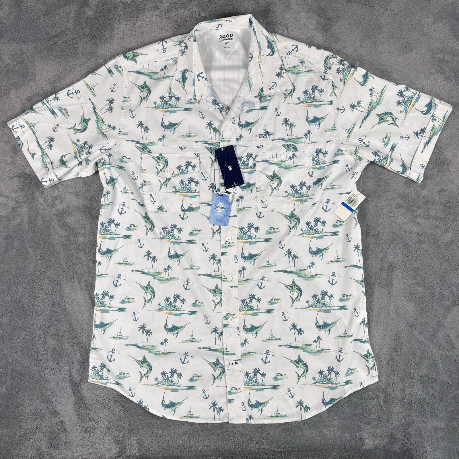 IZOD Button Up Shirt Mens Size XLT White Marlin Nautical Print Short Sleeve NWT