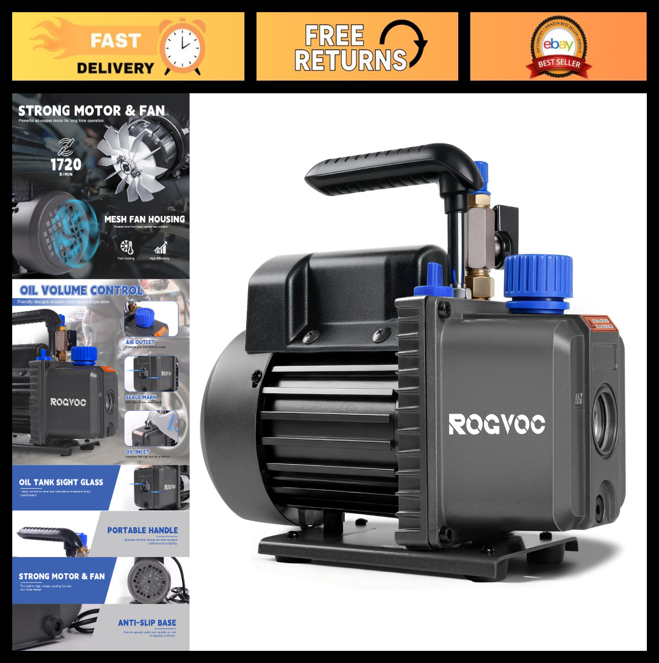 3.5 CFM Rotary Vane Vacuum Pump 110V 1/4 HP for HVAC, AC Recharge R12 R22 R134a