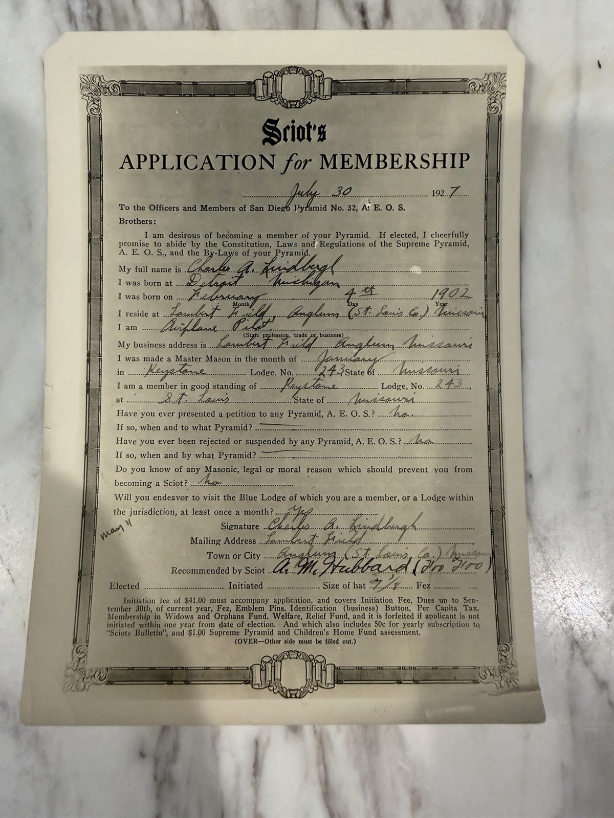 1927 Charles Lindbergh Masonic Sciots Membership Application Photo San Diego