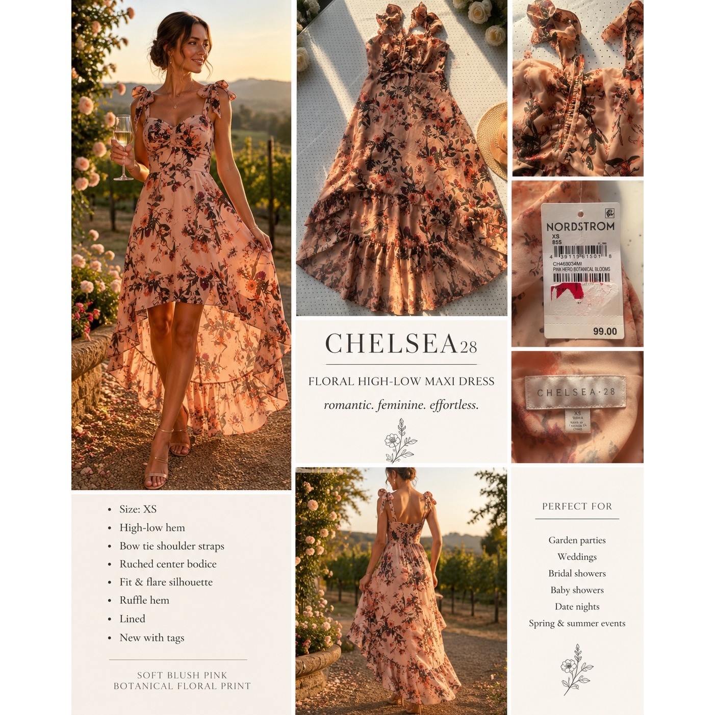 Chelsea 28 Floral High-Low Maxi Dress Pink Hero Botanical Blooms XS CH469034MI Chelsea 28 Floral High-Low Maxi Dress Pink Hero Botanical Blooms XS CH469034MI