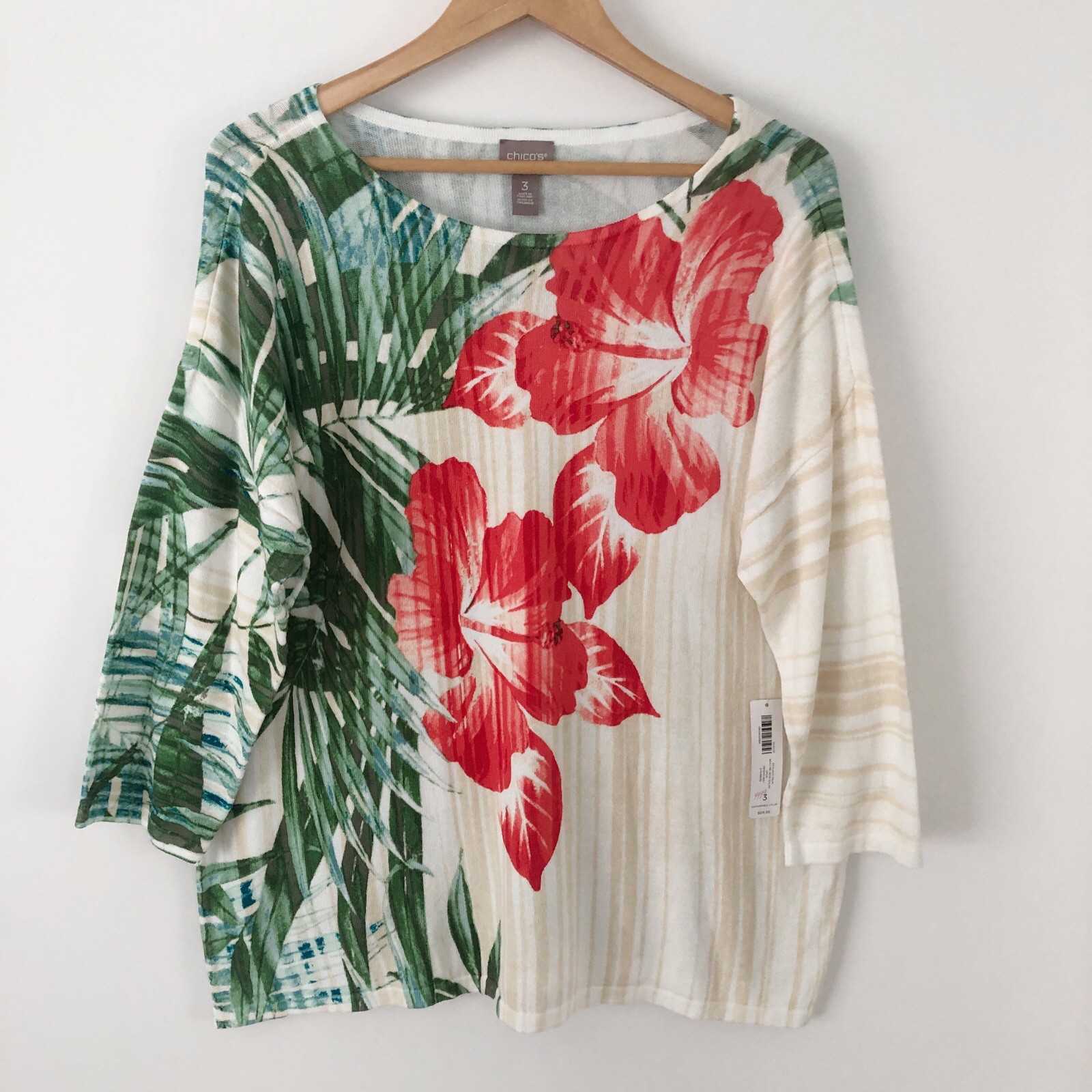 Chico\'s NWT Colorful Tropical Floral Boat Neck Blouse Top 3/4 Sleeve Vacation Chico\'s NWT Colorful Tropical Floral Boat Neck Blouse Top 3/4 Sleeve Vacation