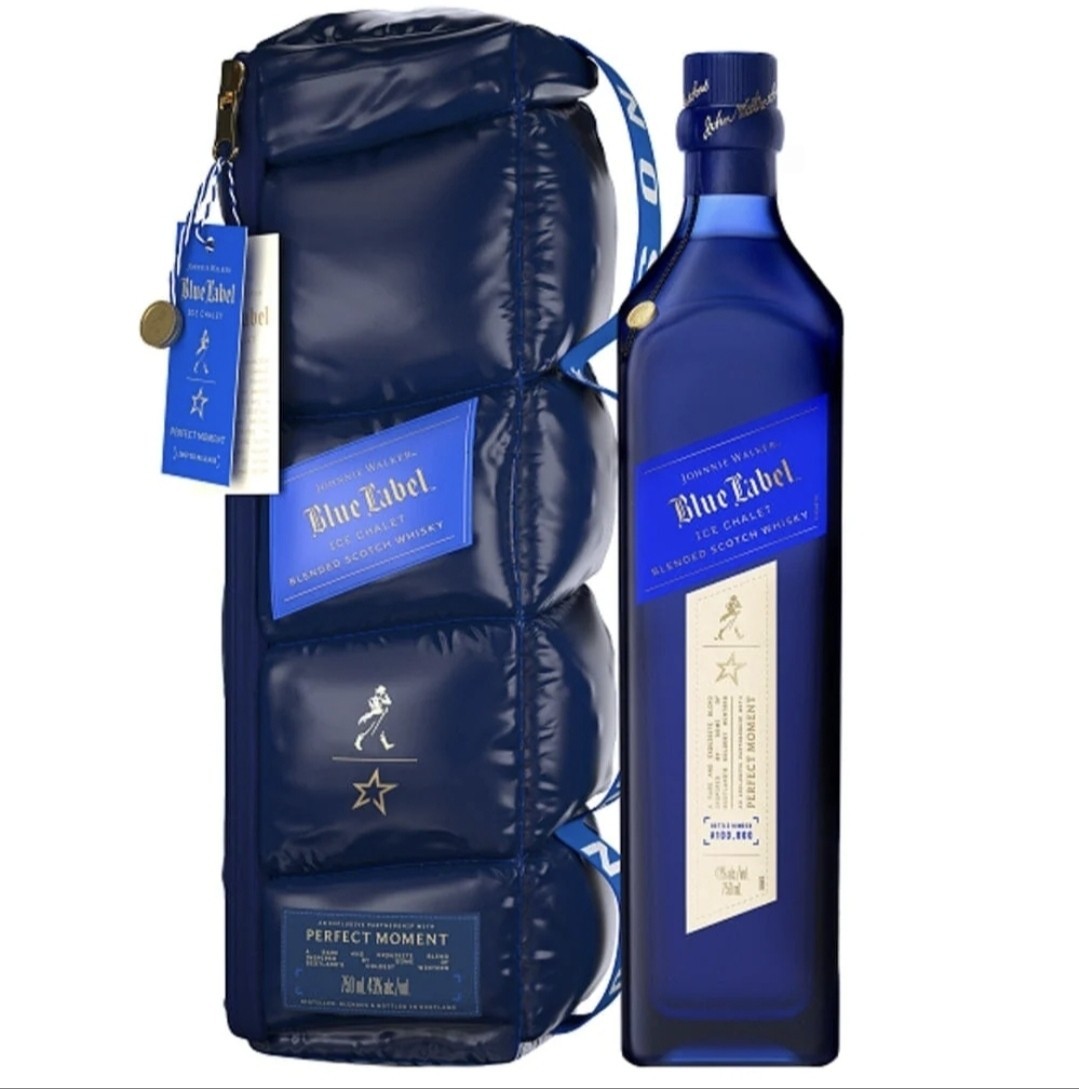 Johnnie Walker x Perfect Moment Blue Label Ice Chalet Puffer Bag & Empty Bottle 