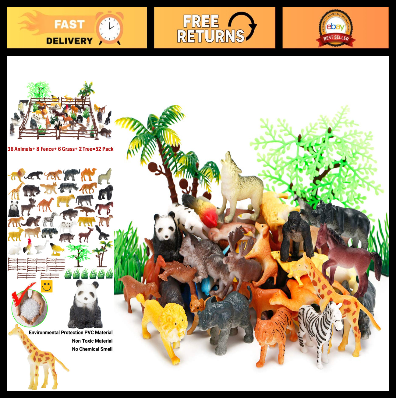 52 Pcs Mini Safari Zoo Animal Figurines Set - Realistic Plastic Toys for Kids, E