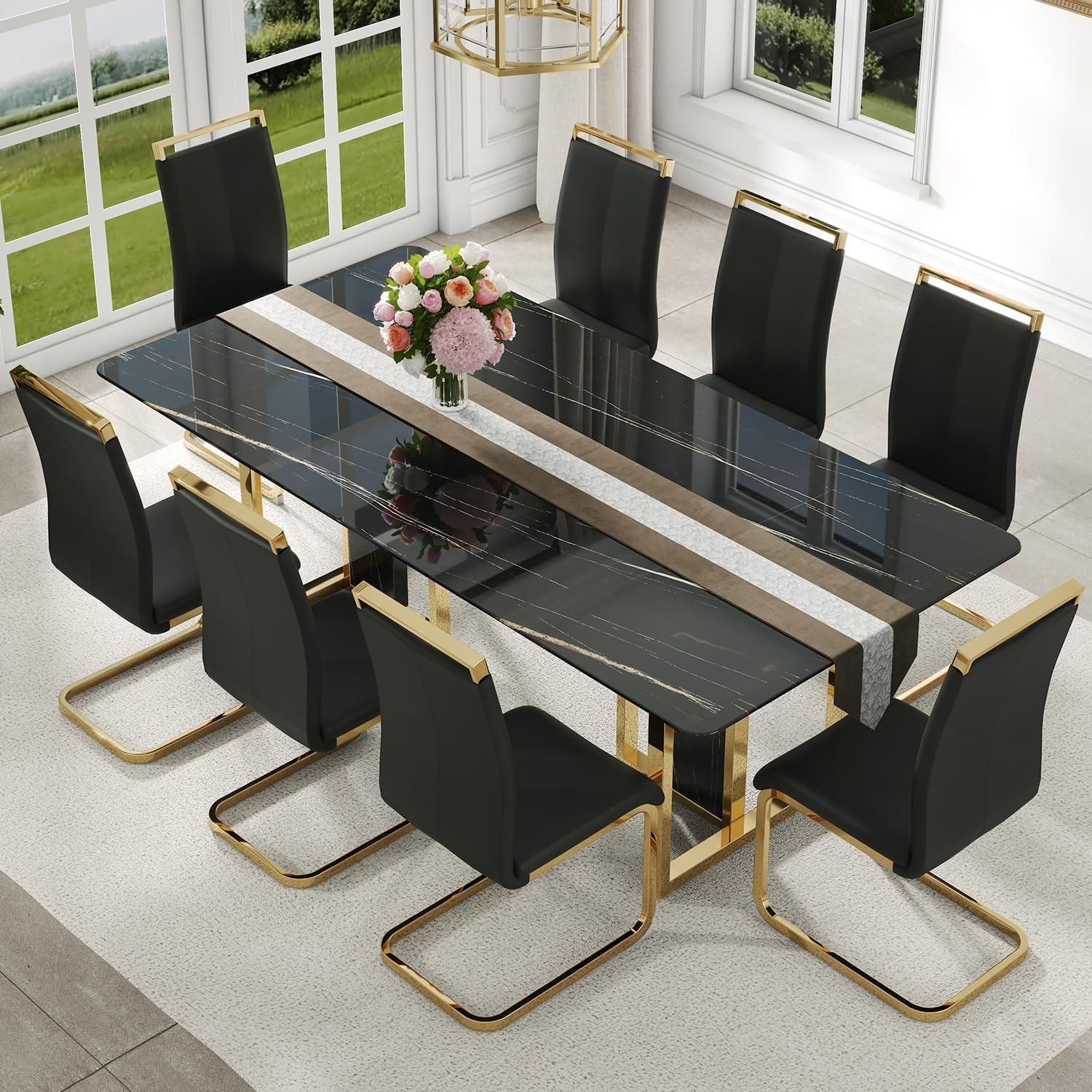 79'' Modern Dining Table Set for 8, Black Kitchen Table with 1.8