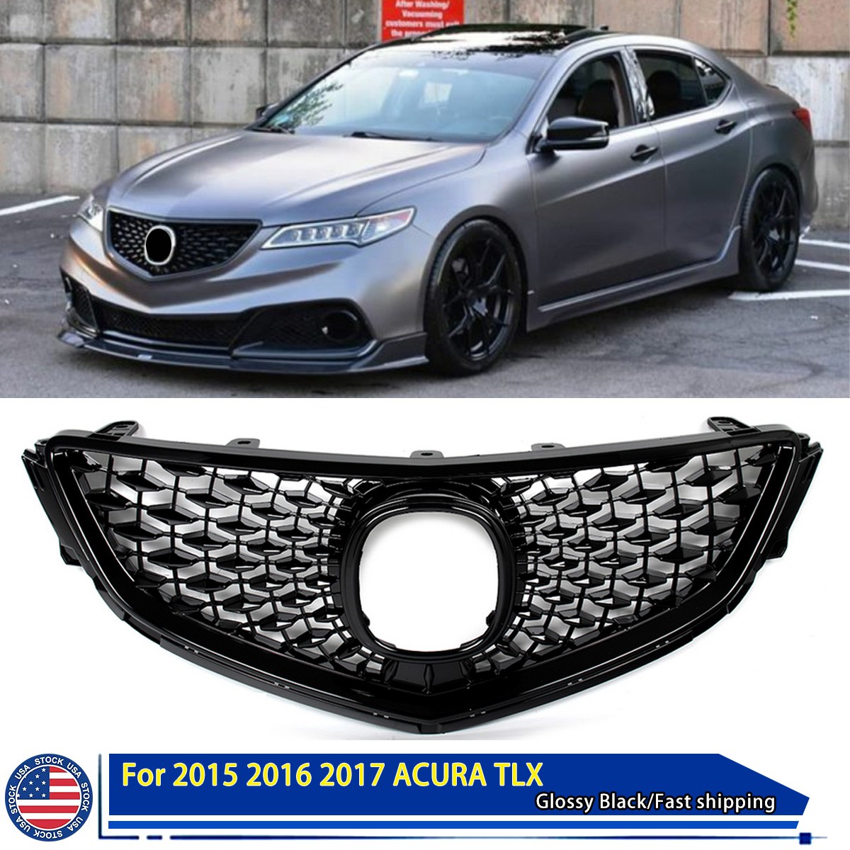 For 2015 2016 2017 ACURA TLX 2018 Style Front Bumper Grille Gloss Black Grill
