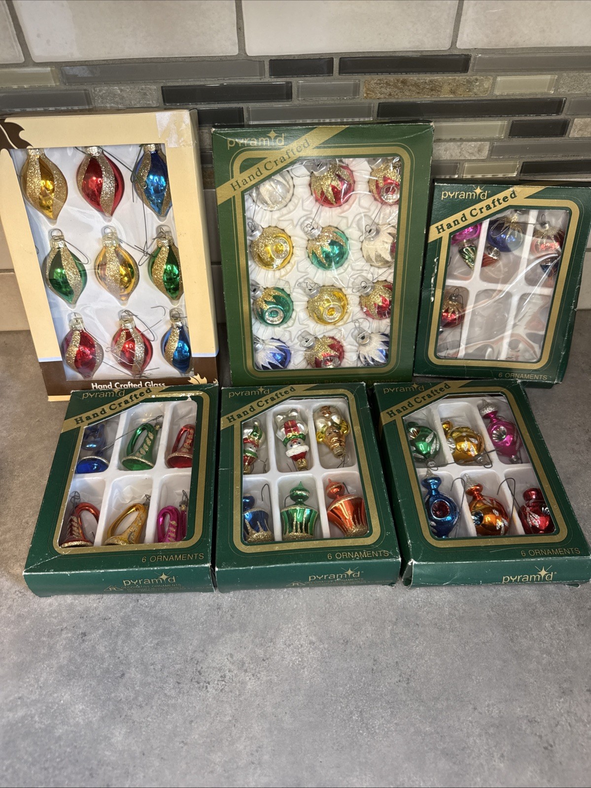 6 Boxes Vintage Pyramid Christmas Ornaments Original Boxes Indents Mica Free S/H 6 Boxes Vintage Pyramid Christmas Ornaments Original Boxes Indents Mica Free S/H