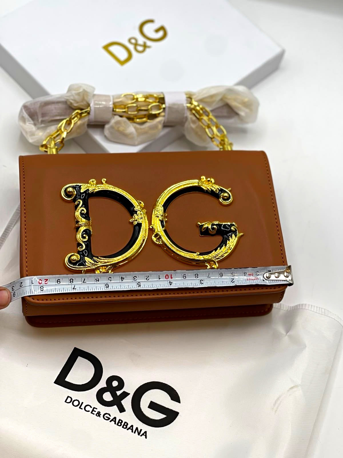 Dolce&Gabbana Brown DG Logo Shoulder Bag Gold Chain Strap w/ Dust Bag Box Dolce&Gabbana Brown DG Logo Shoulder Bag Gold Chain Strap w/ Dust Bag Box