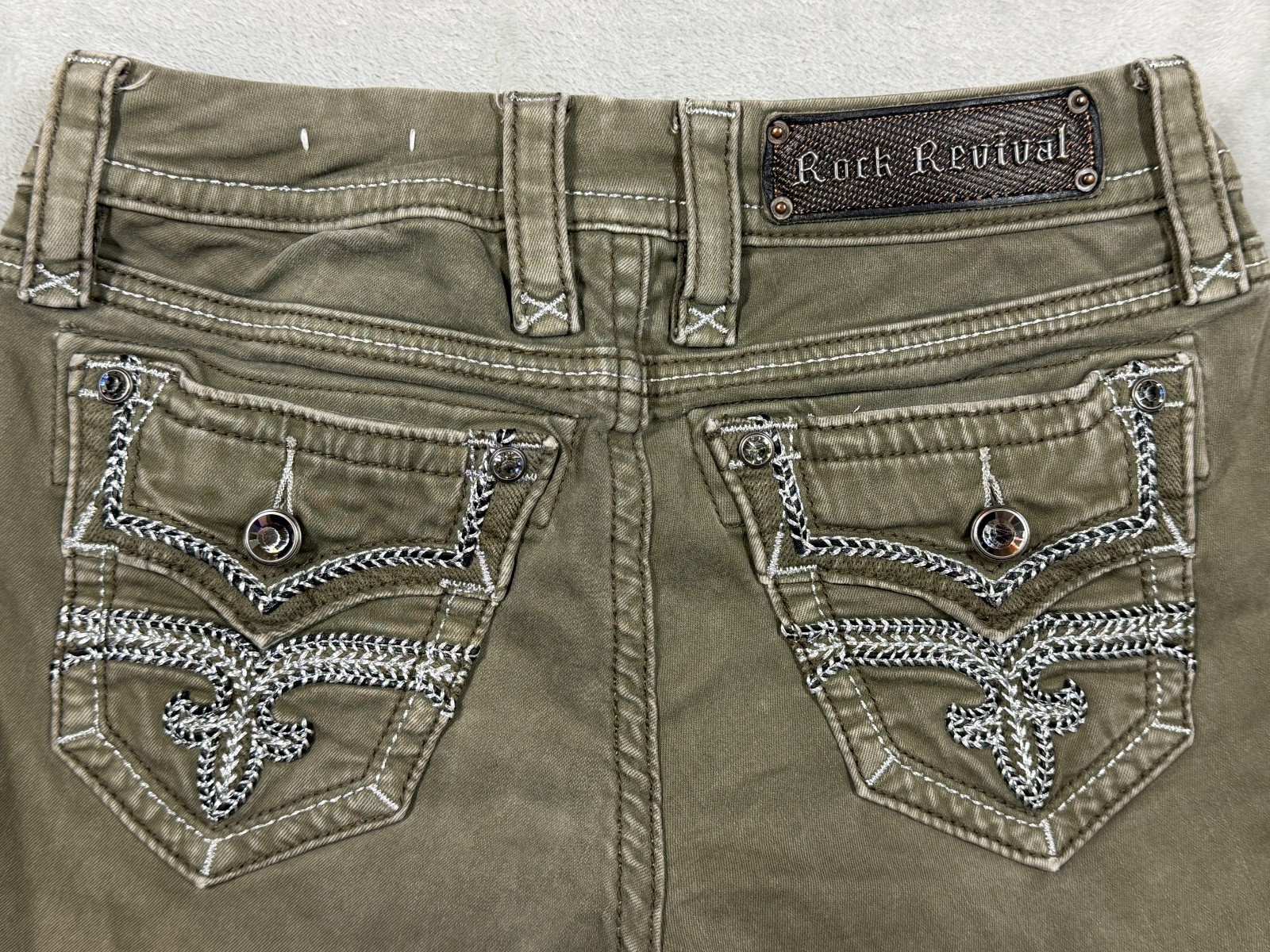 Rock Revival Margie Skinny Jeans Womens Sz 25 Olive Green Embroidered Rhinestone