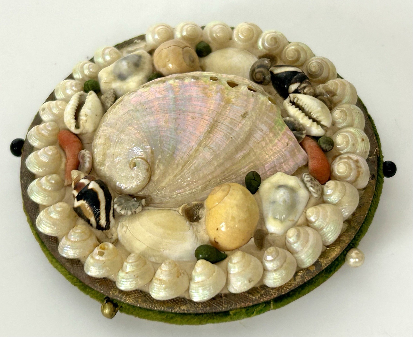 Antique Victorian Seashell Pin Cushion Coastal Scene Sailors Valentine
