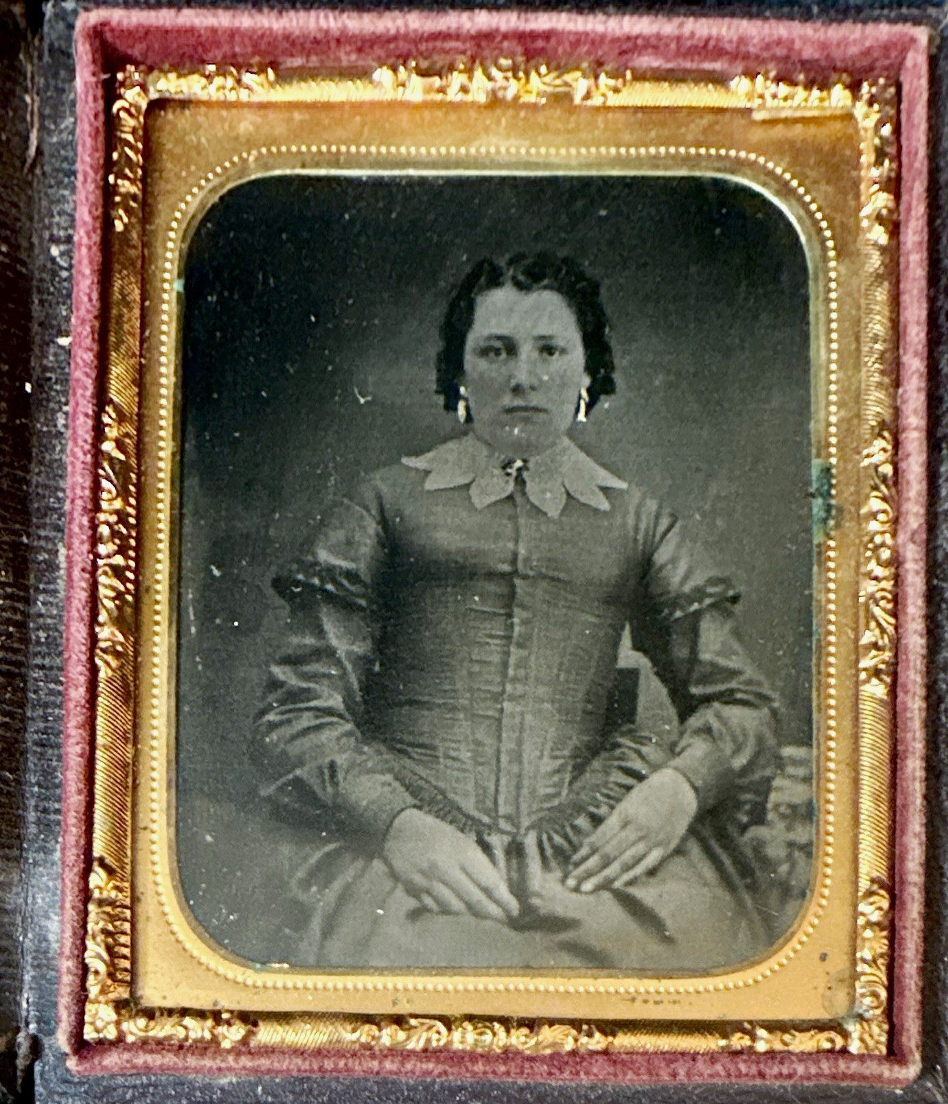 Antique Leather Embossed Tintype Photograph Studio Portrait of Woman from c1860 Antique Leather Embossed Tintype Photograph Studio Portrait of Woman from c1860