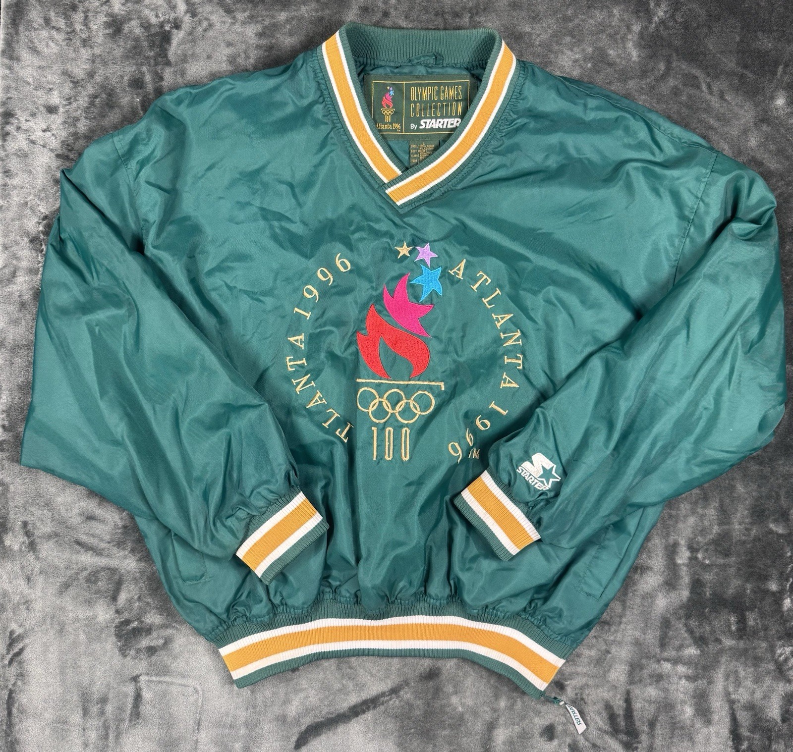 Vintage 1996 Starter Atlanta Olympics L Teal Green Pullover Jacket Embroidered