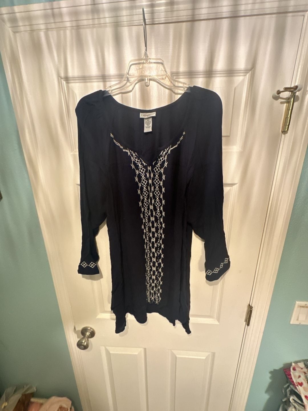 Catherines Navy Blue Rayon Embroidered Split Neck Tunic Top Size OX Catherines Navy Blue Rayon Embroidered Split Neck Tunic Top Size OX
