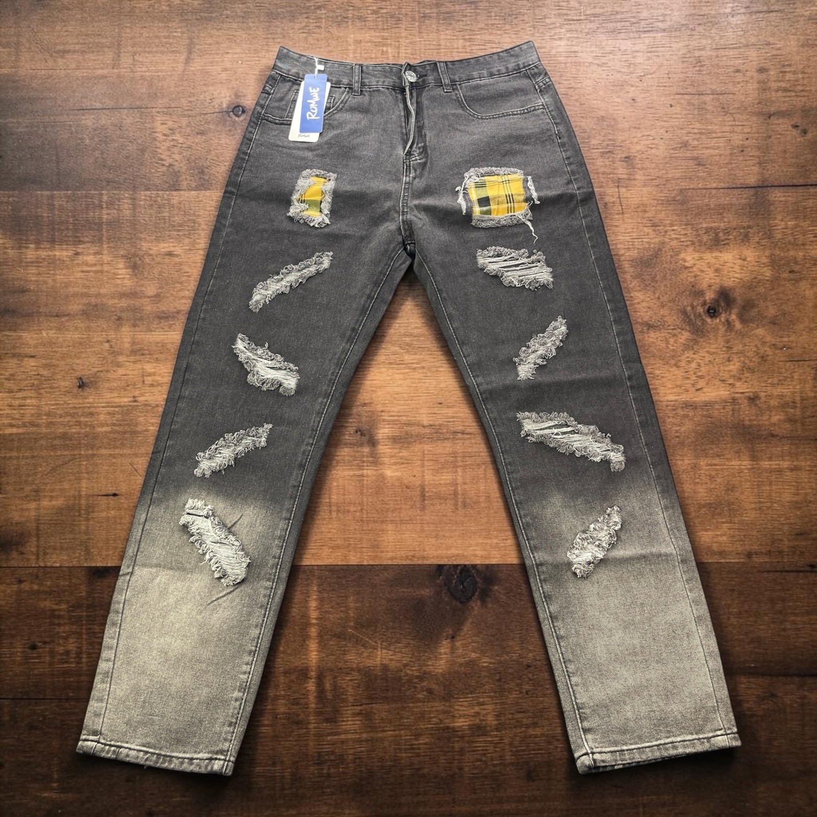 NEW Romwe Mens 32 Distressed Ombre Grey Jeans Yellow Plaid Patch Straight Leg