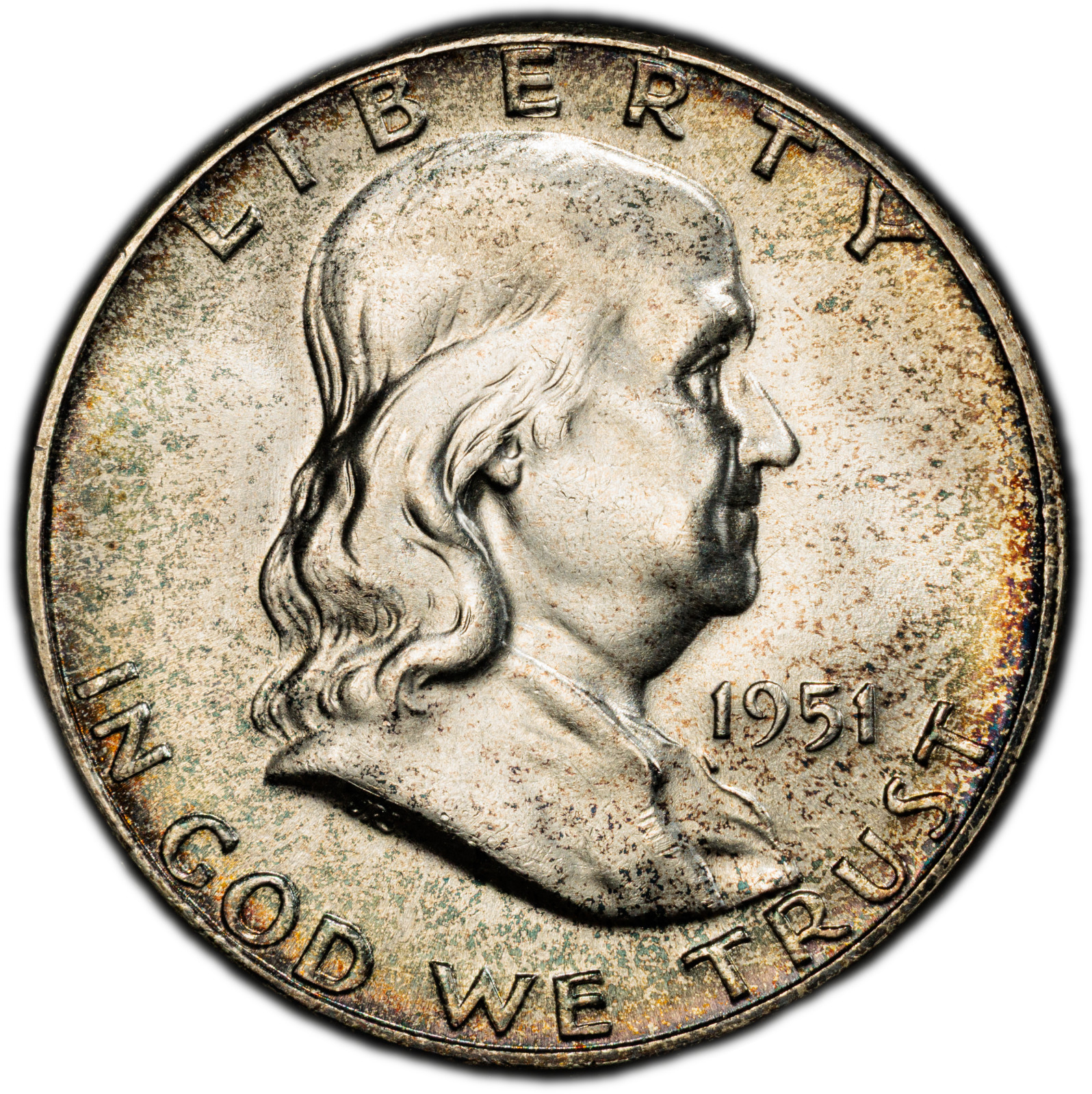 1951-P PCGS MS64 Franklin | Subtle Rainbow Rim Toning | Colorful Speckled Toning