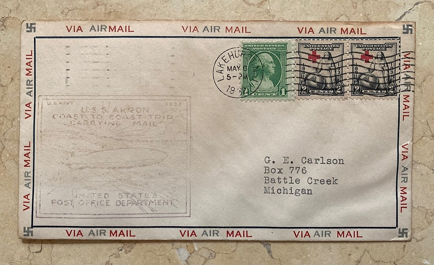 1932 USS Akron Flight Cover Swastika Good Luck Border 1931 Red Cross Line Pair