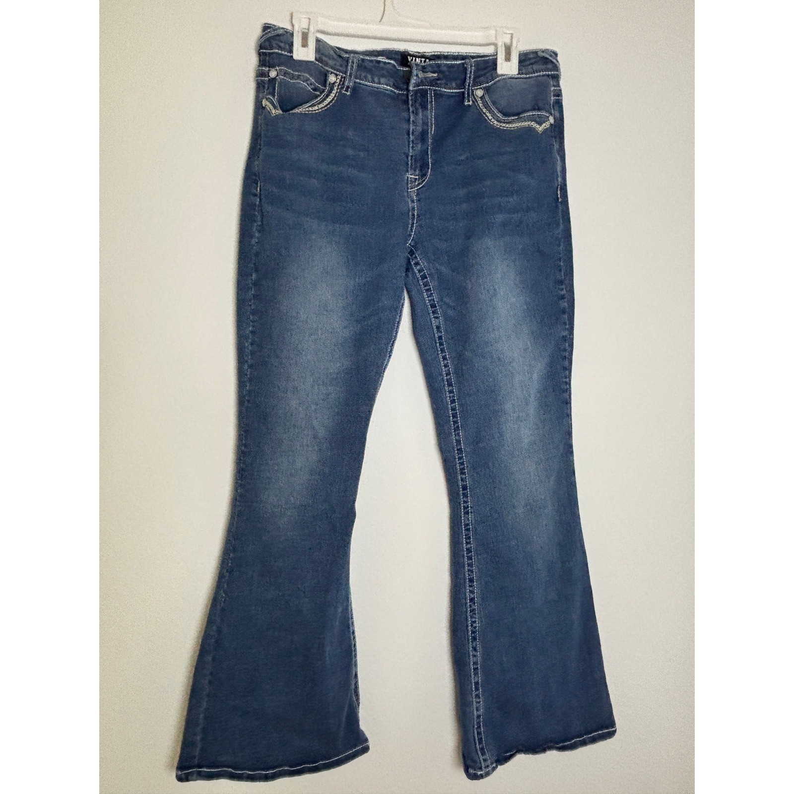 Vintage Almost Famous Flare Jeans Medium Wash Blue Embroidered Pockets Size 13 Vintage Almost Famous Flare Jeans Medium Wash Blue Embroidered Pockets Size 13