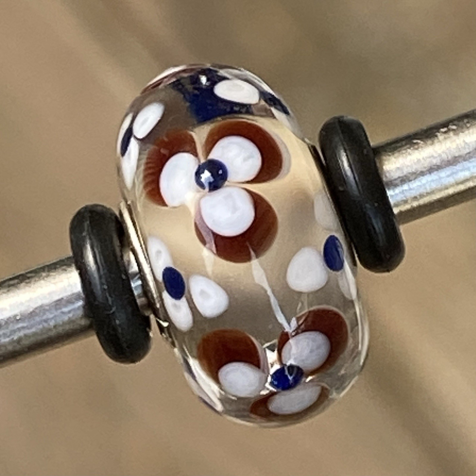 Authentic Trollbeads Unique OOAK Bead Brown, White, Clear & Blue