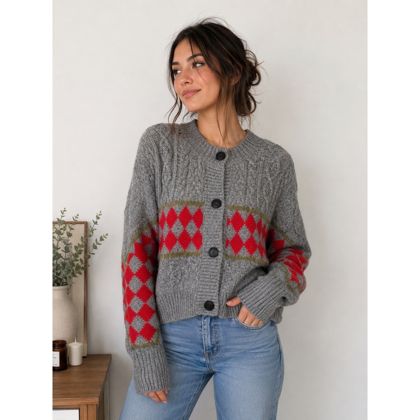 NWT Maeve by Anthropologie Argyle Cable Knit Cardigan Sweater Gray Red 9037JG