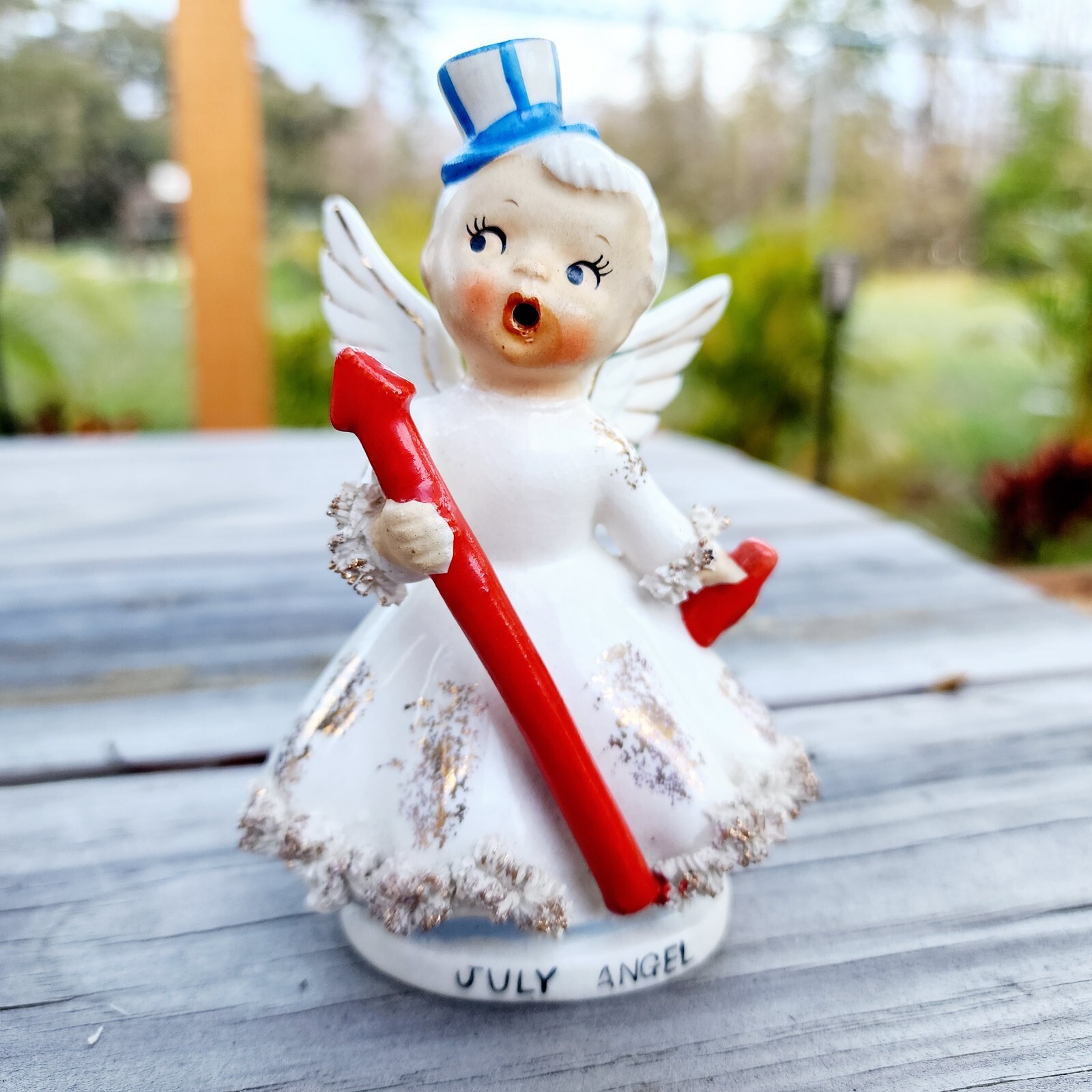 VTG Norcrest Japan Porcelain July Birthday Angel Uncle Sam Hat Firecracker RARE VTG Norcrest Japan Porcelain July Birthday Angel Uncle Sam Hat Firecracker RARE