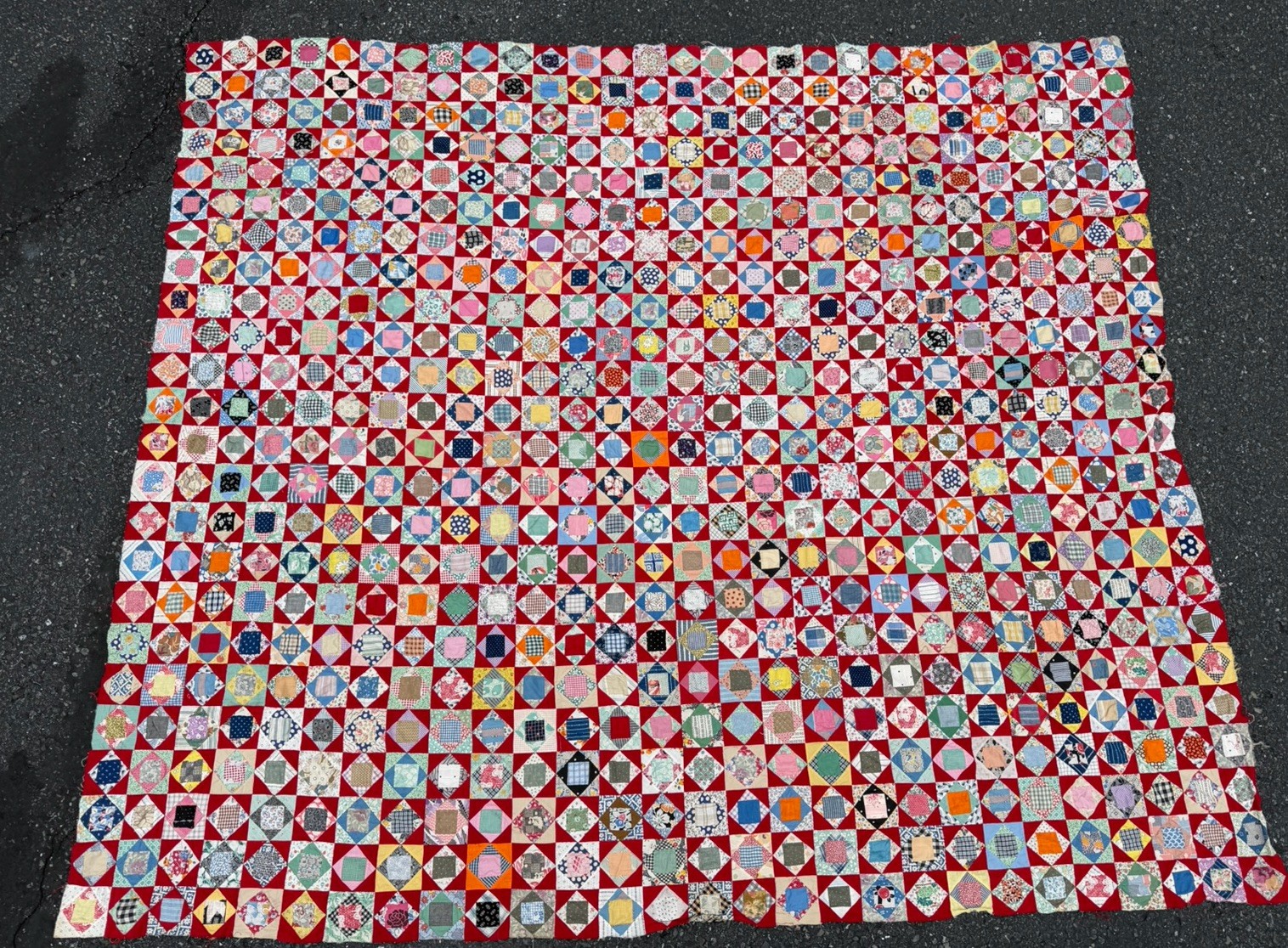 Vintage Antique Quilt Grandmas Garden Economy Block 1930s 1940s 80x68