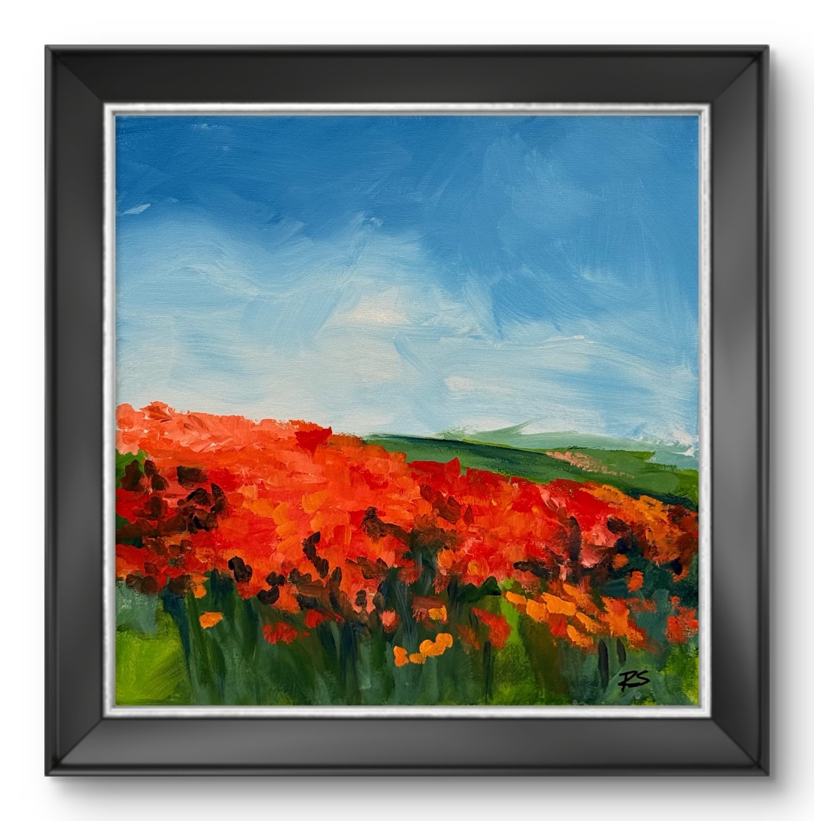Original Acrylic 12x12 Impressionist Poppy Field Painting Signed R Stevens