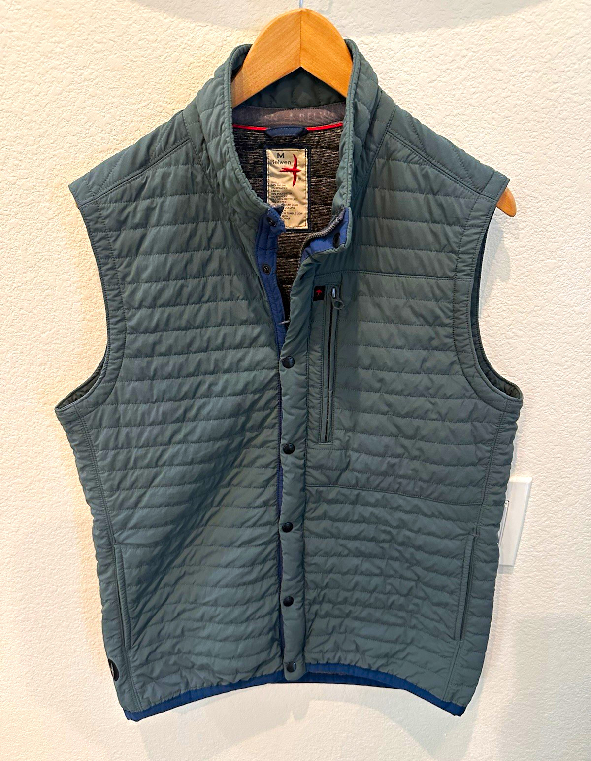 Relwen Men\'s Windzip Green/Blue Quilted Insulated Vest Zip/Button Closure Size M