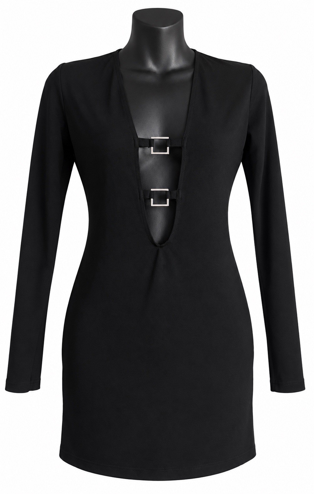 Motel Rocks Black Long Sleeve Bodycon Mini Dress Size S Deep V Buckle Detail