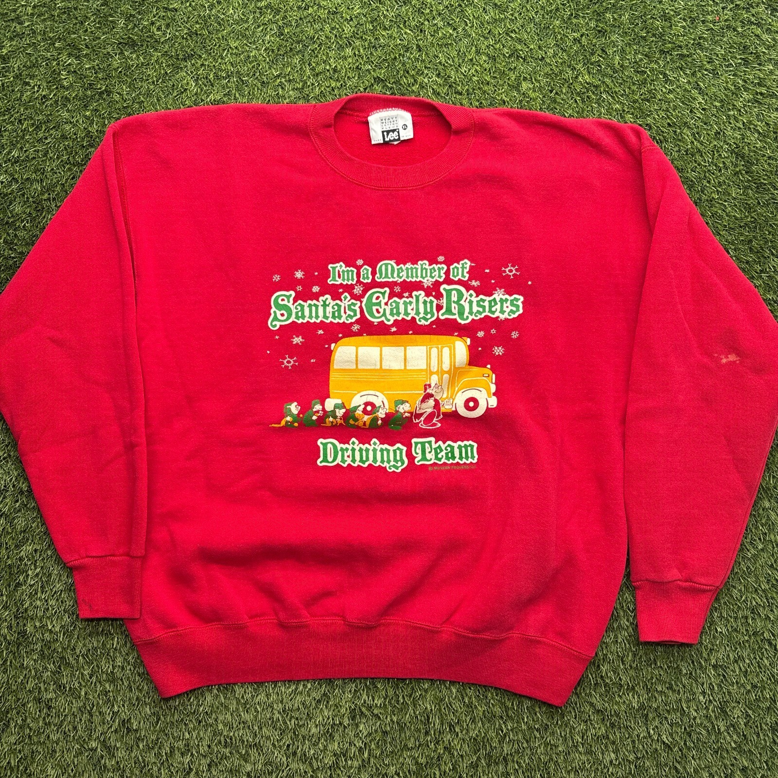 Vintage 90s Christmas Sweater Adult XL Red School Bus Elves Santa Lee Heavyweigh Vintage 90s Christmas Sweater Adult XL Red School Bus Elves Santa Lee Heavyweigh