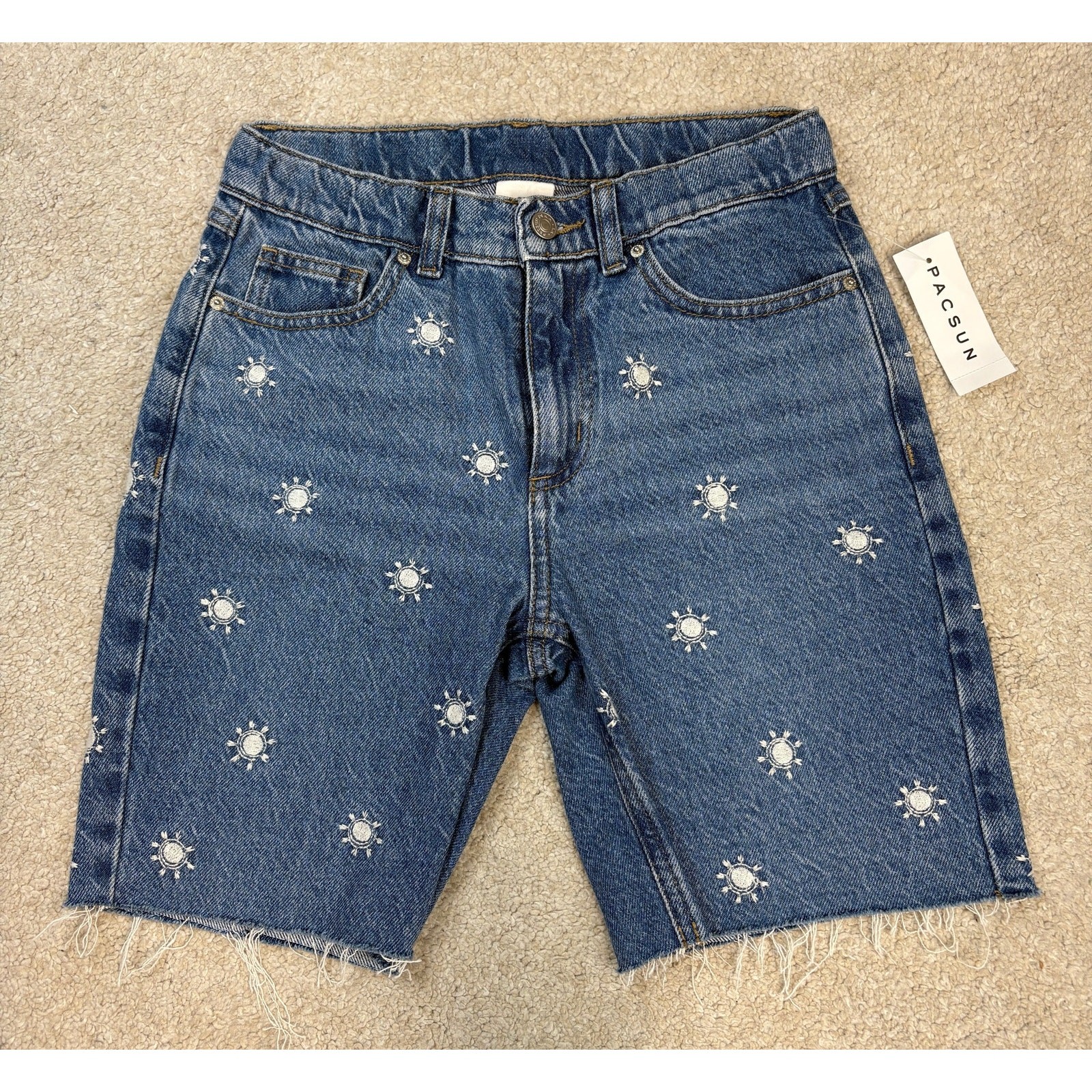 NWT Pacsun Kids Medium Blue Sun Embroidery Long Denim Shorts Size 10 NWT Pacsun Kids Medium Blue Sun Embroidery Long Denim Shorts Size 10