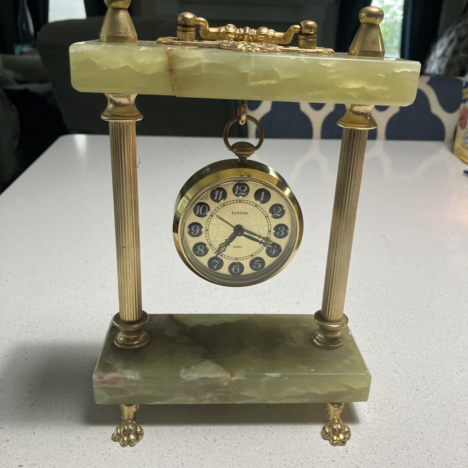 Vintage Europa Onyx And Brass Portico Desk /Mantle Click 2 Jewel Alarm Movement Vintage Europa Onyx And Brass Portico Desk /Mantle Click 2 Jewel Alarm Movement