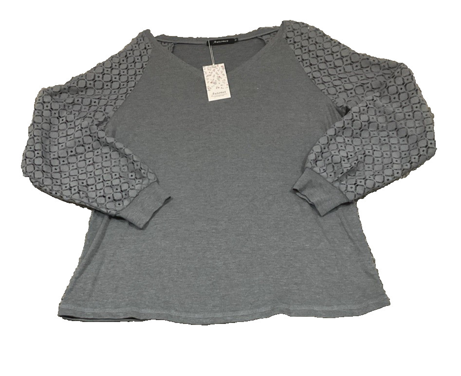 NWT Automet Gray Long Sleeve Eyelet Shirt Womens Size Large