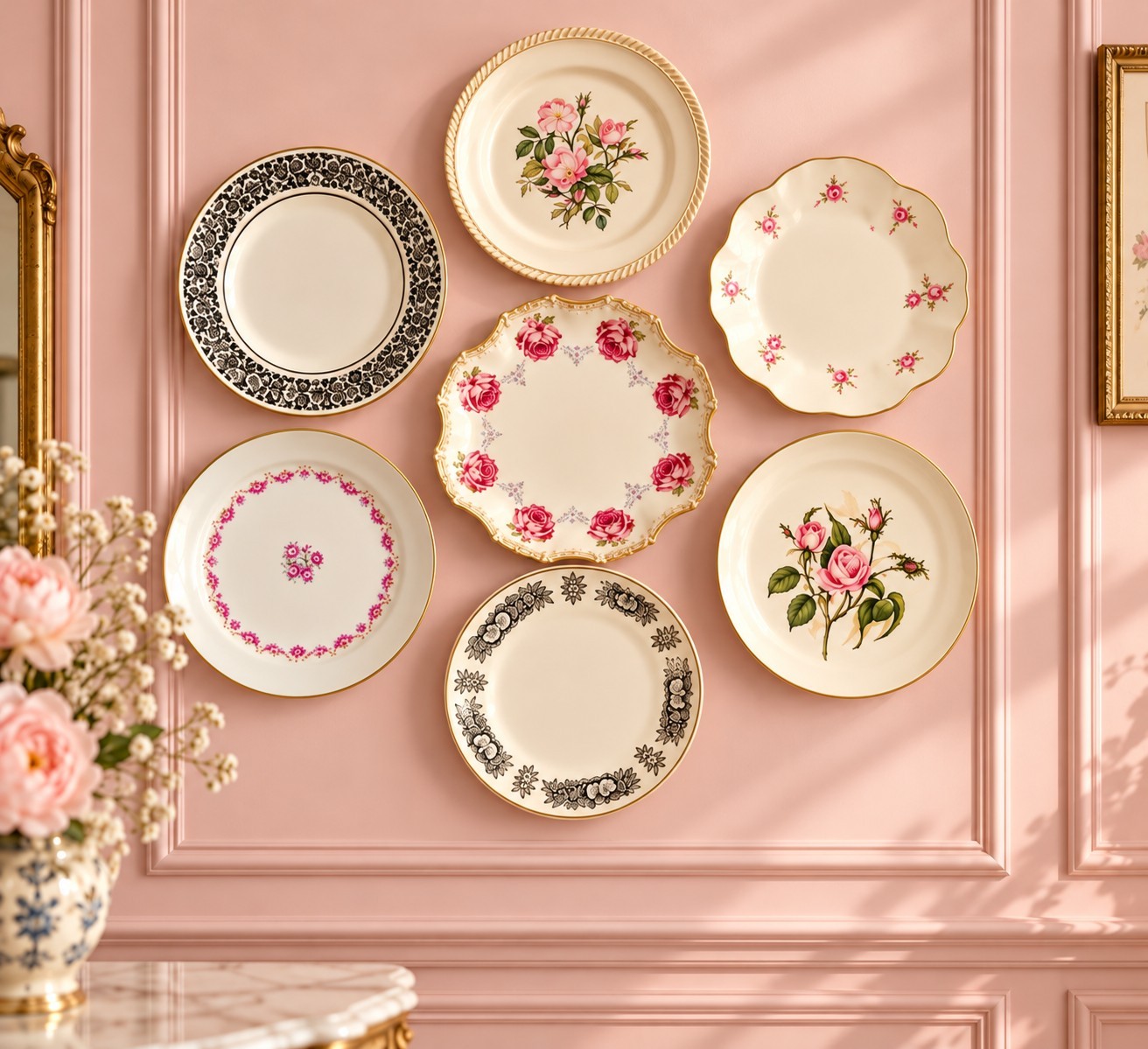 Mismatched China Dinner Plates Floral Vtg Set Of 7 Wedding/Baby Shower Gold \